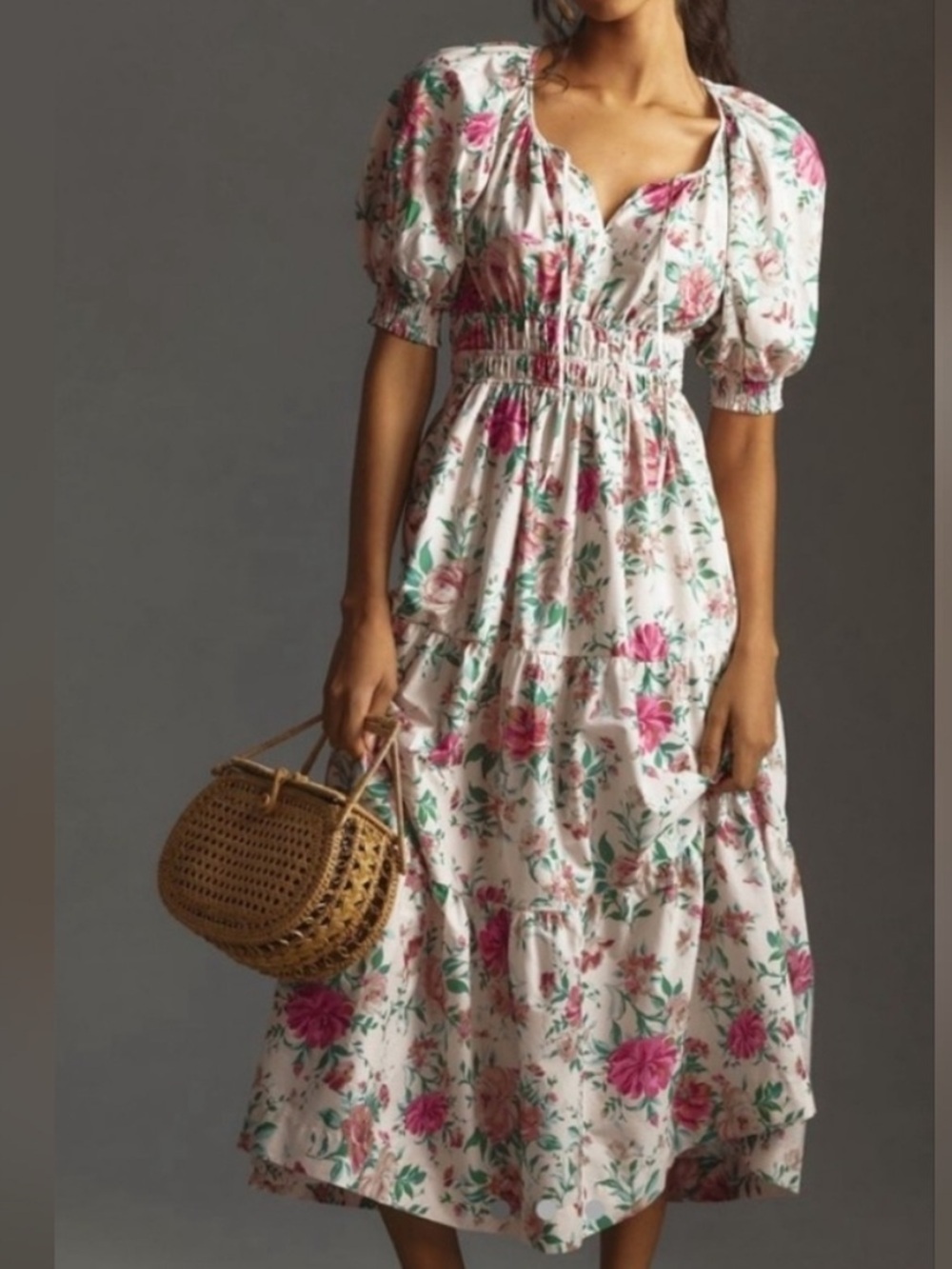 Anthropologie Floral Peony Puff Sleeve Cottagecore Fairy Dress White Pink XS